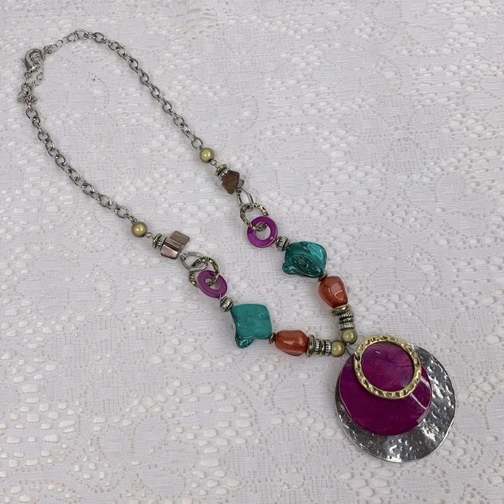 Statement Necklace Silver Chain Multicolor beads and metal pendants Adjustable